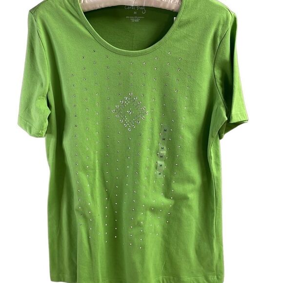CORAL BAY Ladies Scoop Neck Rhinestones Top, Size Medium Bright Green NWT - Picture 3 of 9